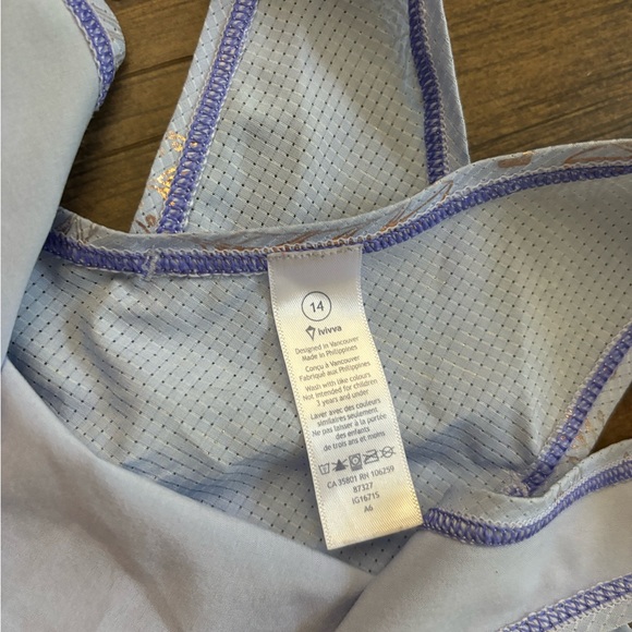 Ivviva lilac purple gold feather tank open back! By lululemon size 14 - Picture 3 of 5